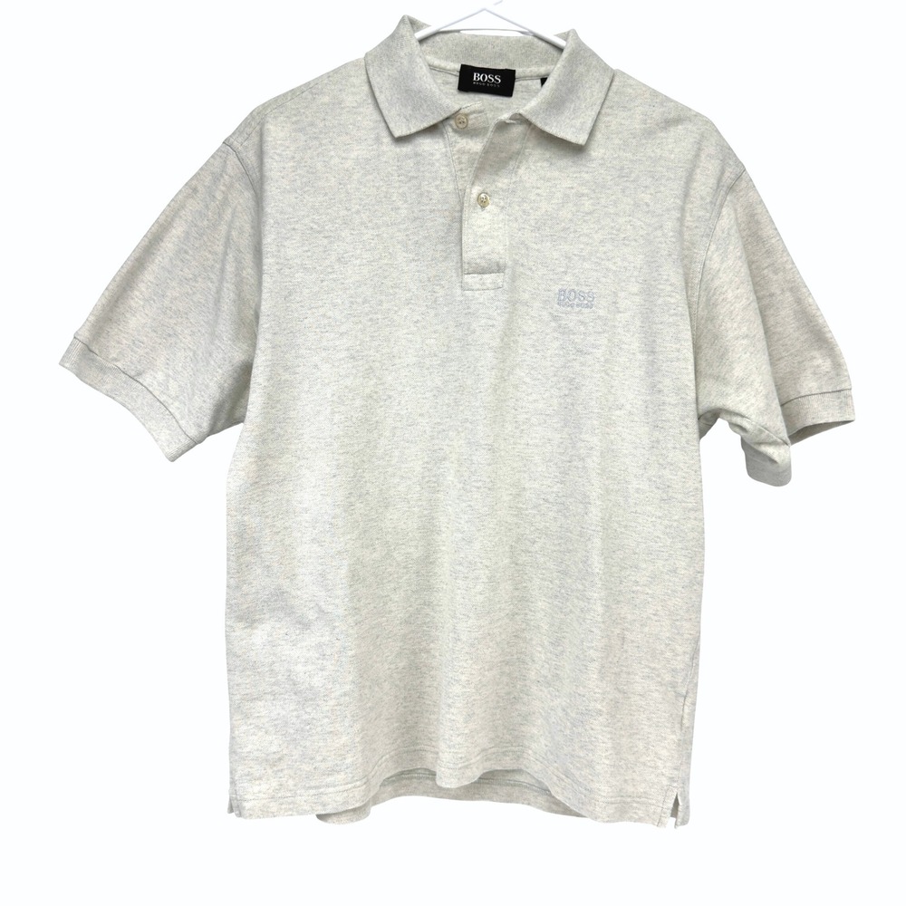 BOSS Hugo Boss Mens Heathered Light Gray Short Sleeve Polo Shirt‎ Size Medium